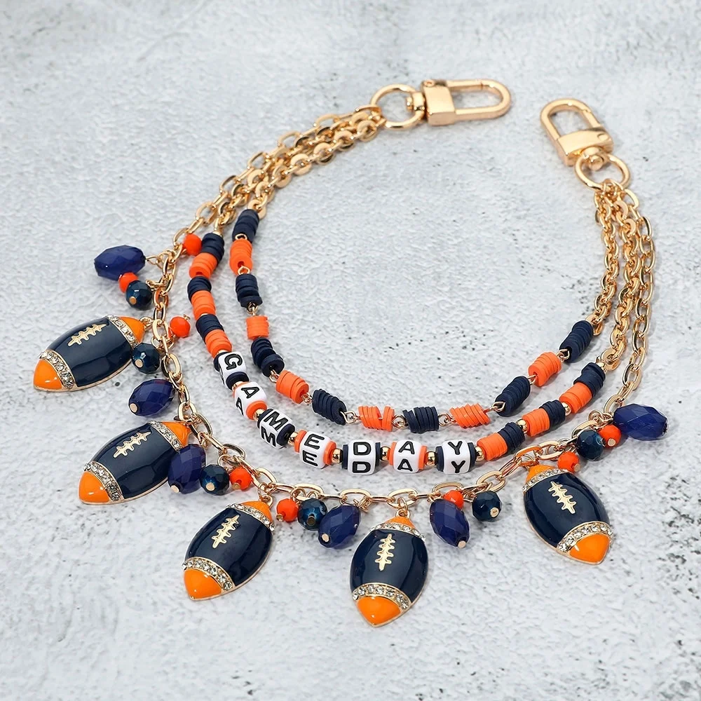 Navy Orange GAME DAY Football Dangle Charms Heishi Beaded Layered Purse Chain